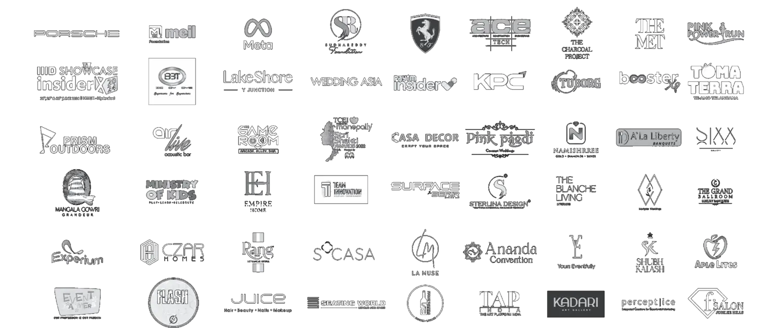 Logos of brands the group has worked with, including Porsche, Meta, Paytm Insider, Tuborg and The MET